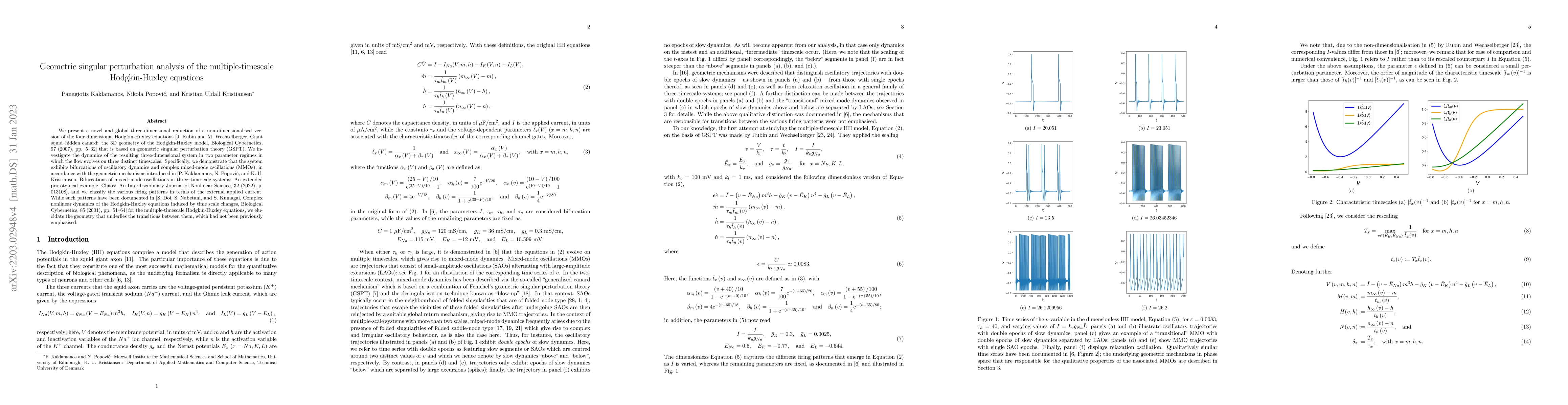Thumbnail for Geometric singular perturbation analysis of the multiple-timescale
  Hodgkin-Huxley equations