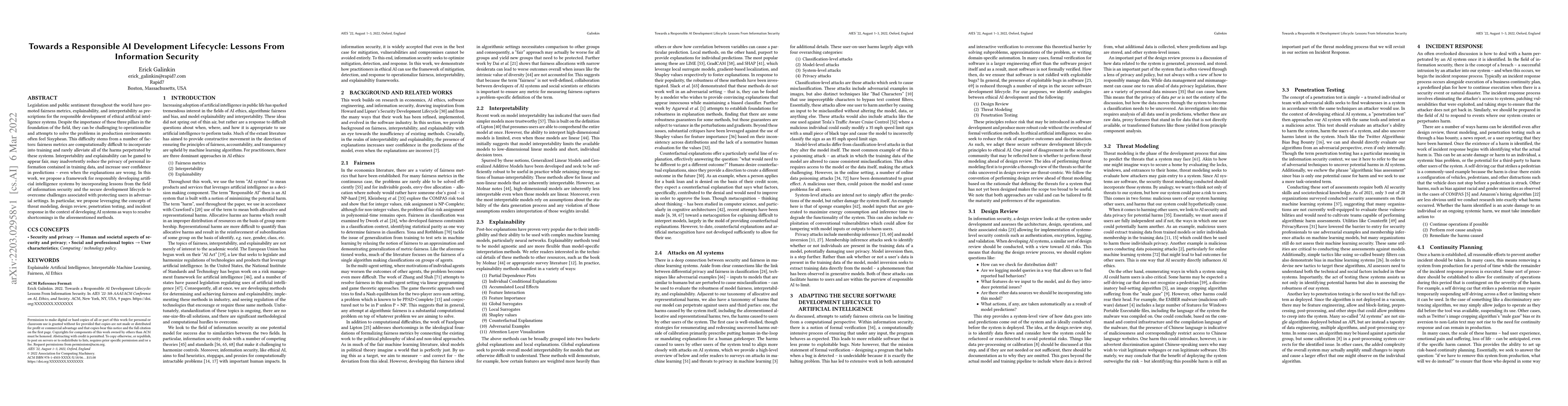 Thumbnail for Towards a Responsible AI Development Lifecycle: Lessons From Information
  Security