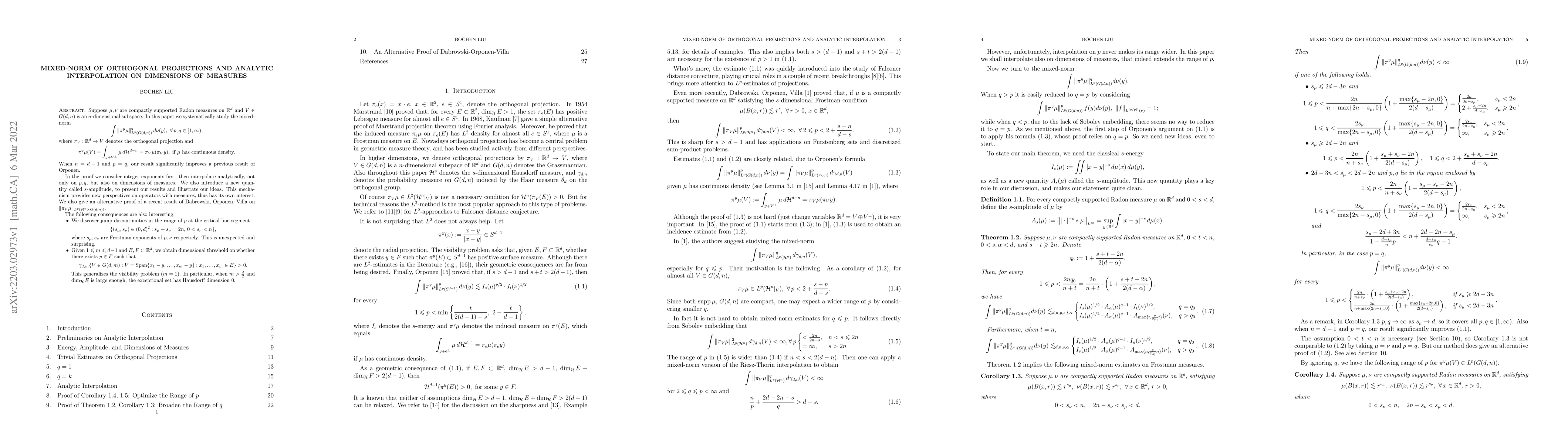 Thumbnail for Mixed-norm of orthogonal projections and analytic interpolation on
  dimensions of measures