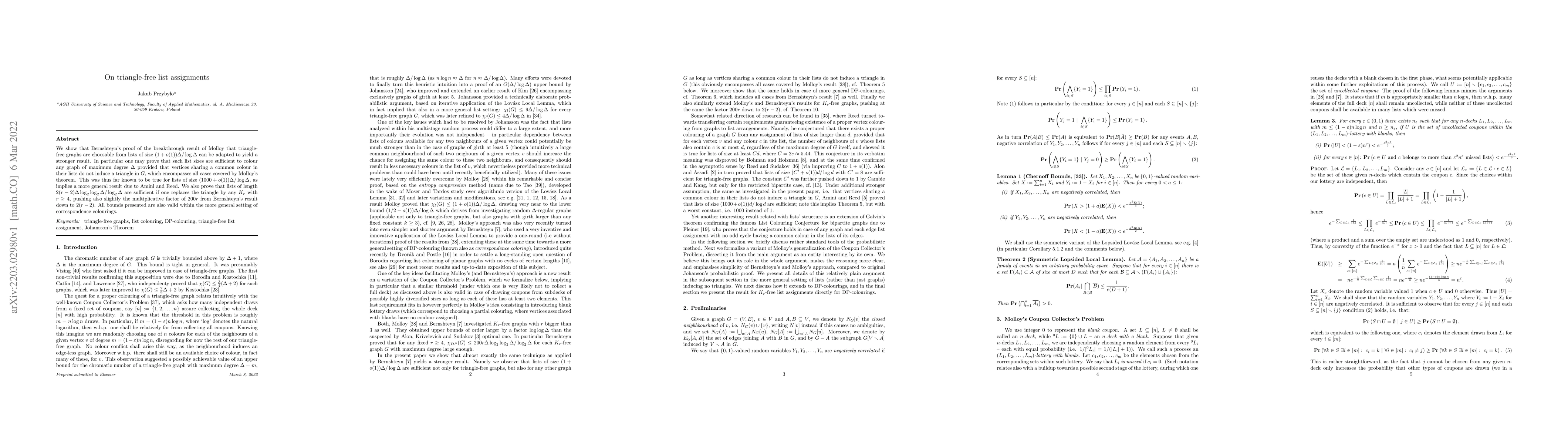 Thumbnail for On triangle-free list assignments