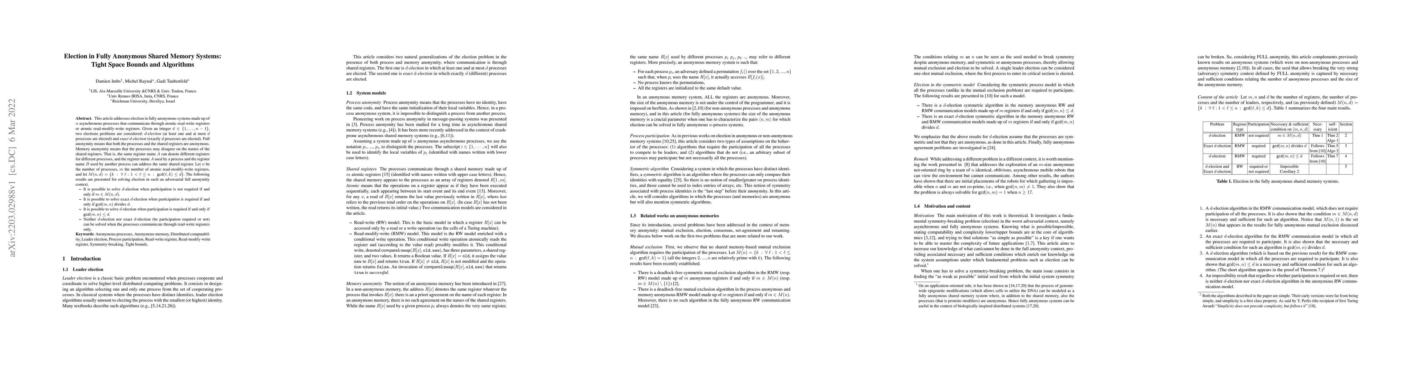 Thumbnail for Election in Fully Anonymous Shared Memory Systems: Tight Space Bounds
  and Algorithms