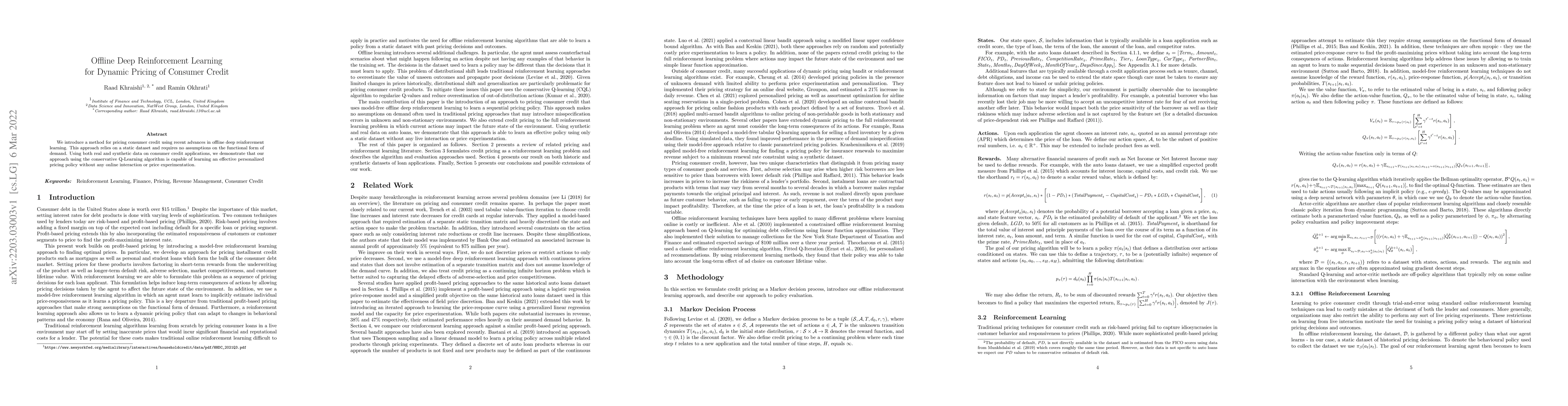Thumbnail for Offline Deep Reinforcement Learning for Dynamic Pricing of Consumer
  Credit