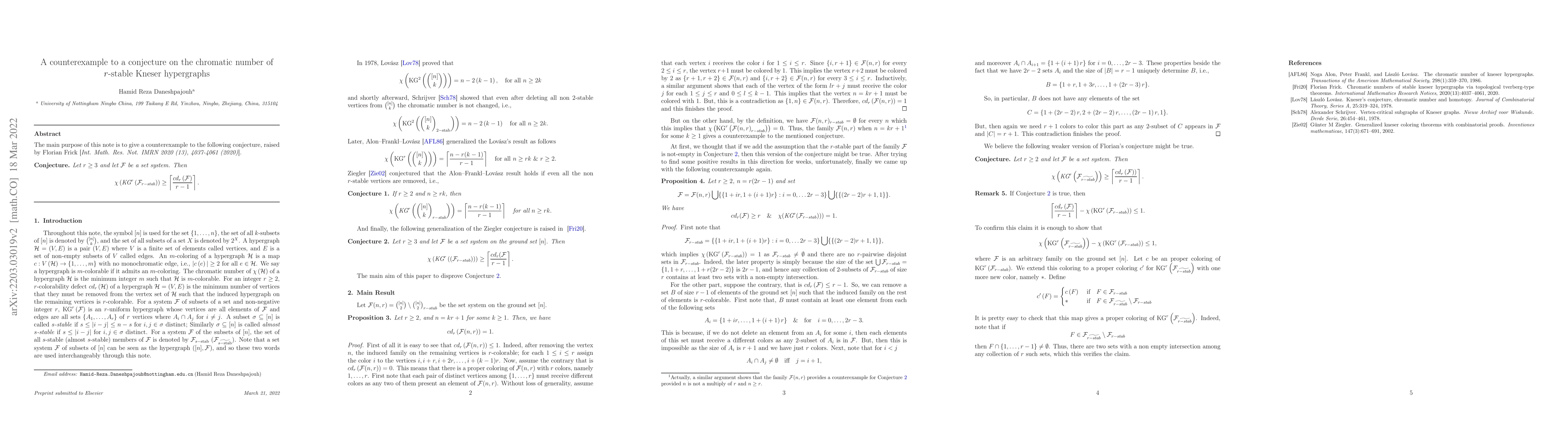 Thumbnail for A counterexample to a conjecture on the chromatic number of r-stable
  Kneser hypergraphs