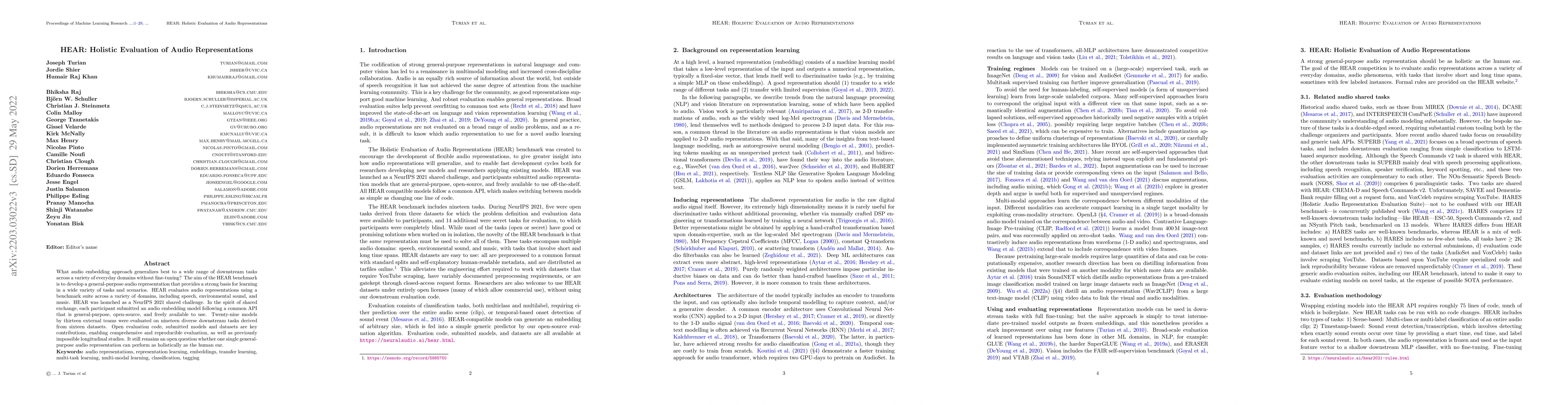Thumbnail for HEAR: Holistic Evaluation of Audio Representations