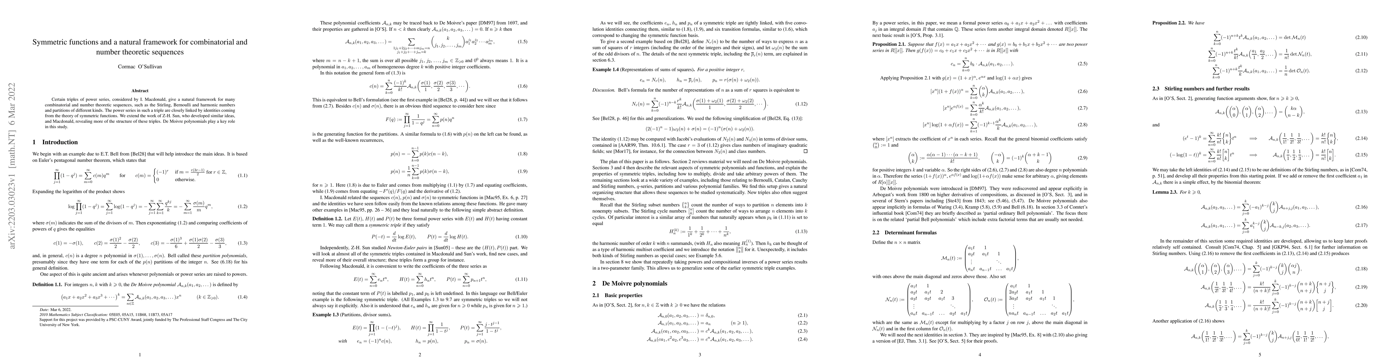 Thumbnail for Symmetric functions and a natural framework for combinatorial and number
  theoretic sequences