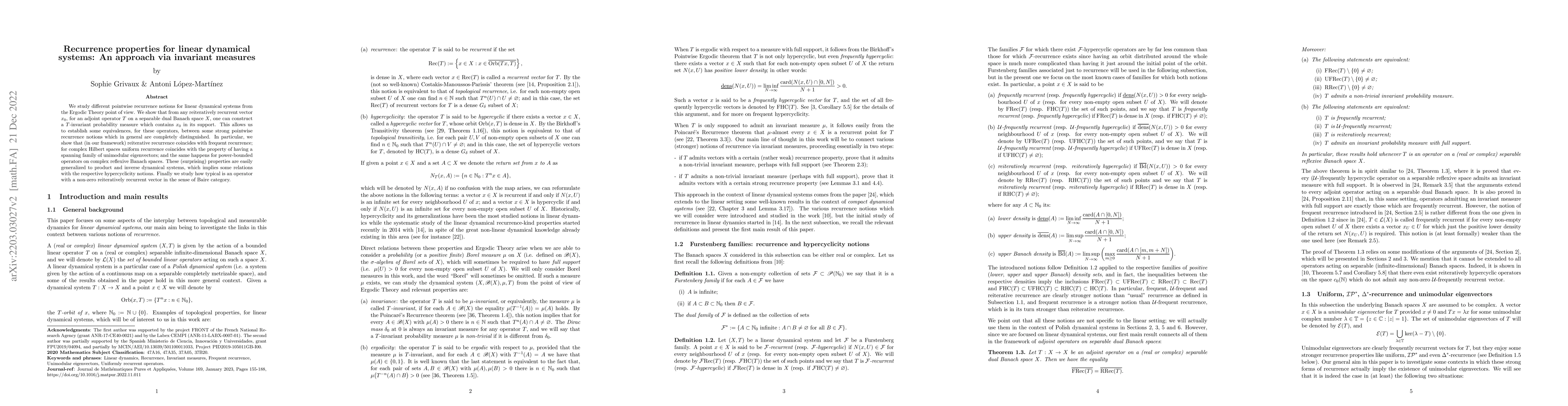 Thumbnail for Recurrence properties for linear dynamical systems: An approach via
  invariant measures