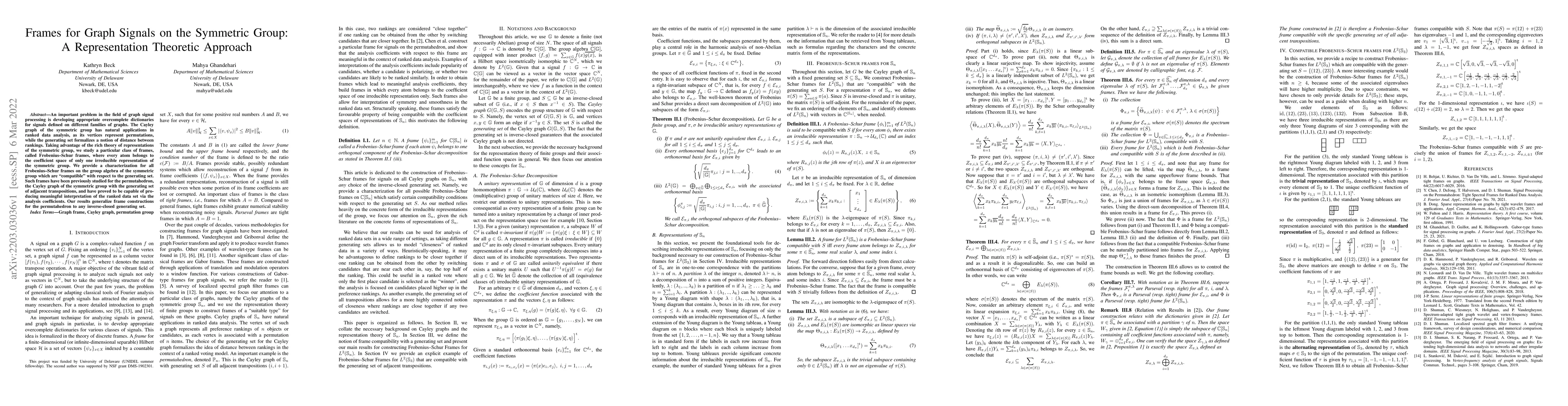 Thumbnail for Frames for Graph Signals on the Symmetric Group: A Representation
  Theoretic Approach