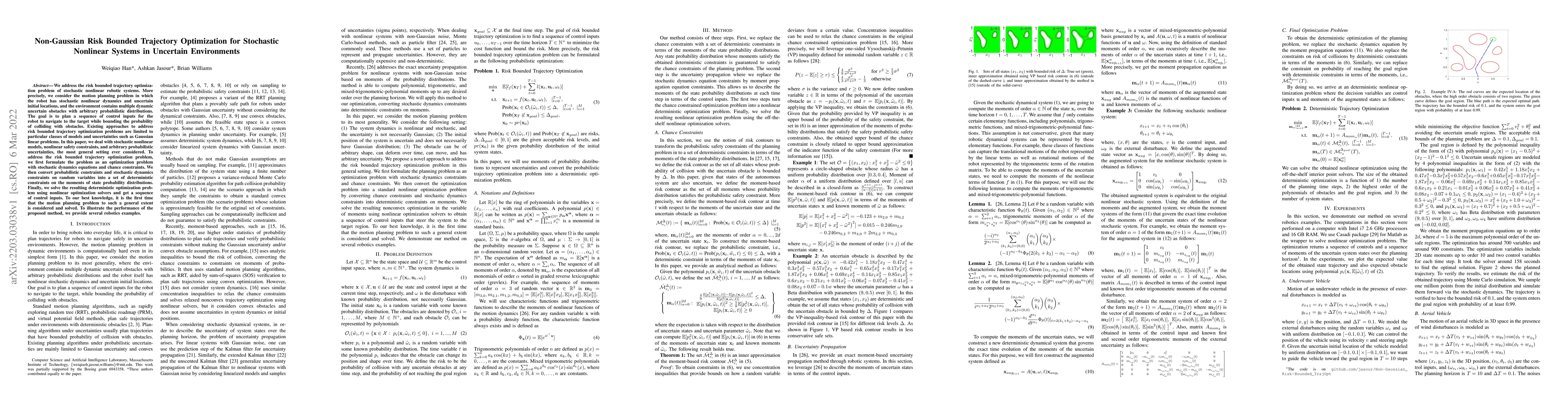 Thumbnail for Non-Gaussian Risk Bounded Trajectory Optimization for Stochastic
  Nonlinear Systems in Uncertain Environments