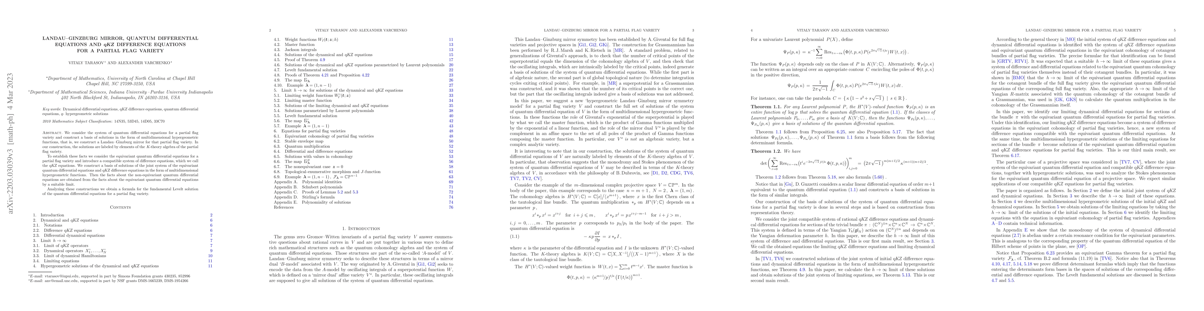 Thumbnail for Landau-Ginzburg mirror, quantum differential equations and qKZ
  difference equations for a partial flag variety