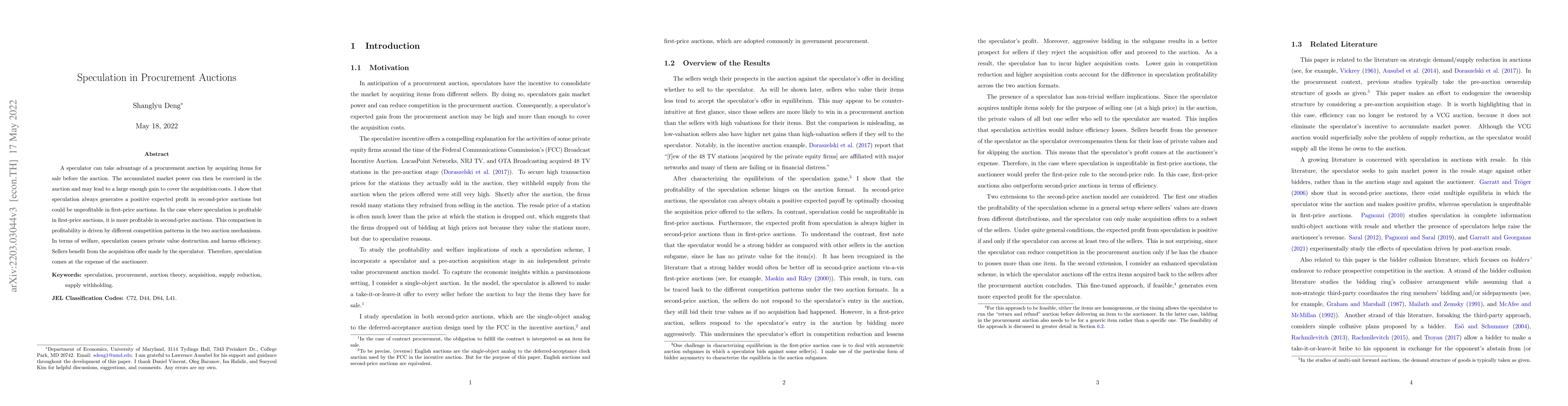 Thumbnail for Speculation in Procurement Auctions