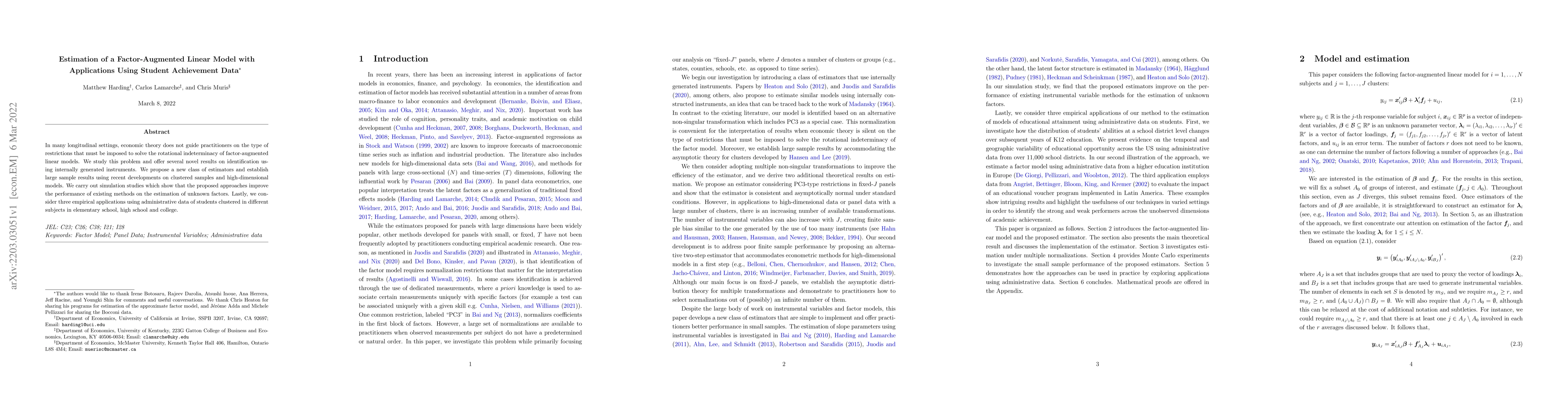 Thumbnail for Estimation of a Factor-Augmented Linear Model with Applications Using
  Student Achievement Data