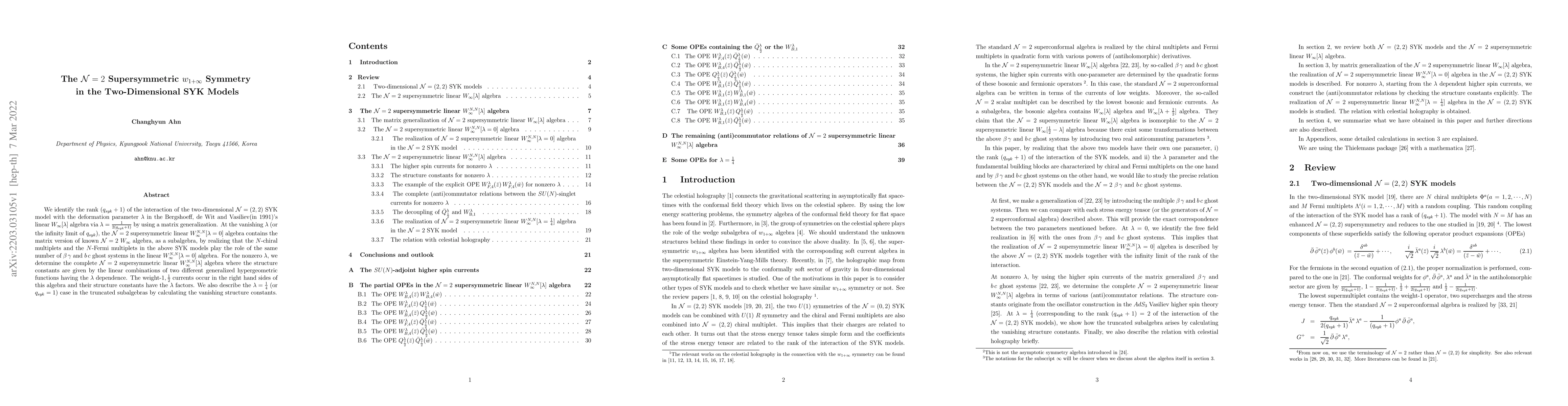 Thumbnail for The ${\cal N}=2$ Supersymmetric $w_{1+\infty}$ Symmetry in the
  Two-Dimensional SYK Models