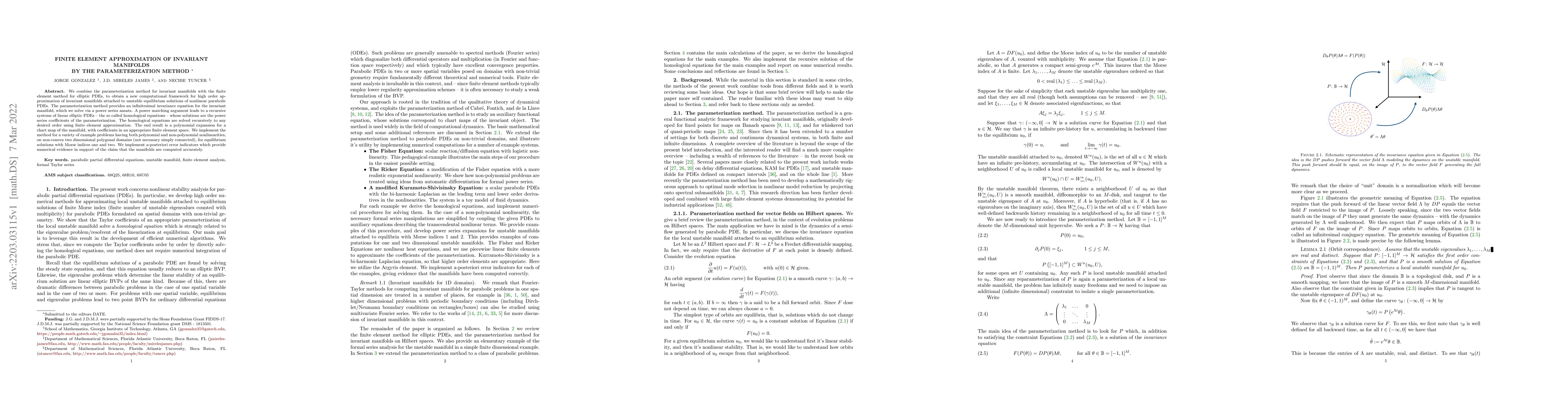 Thumbnail for Finite Element Approximation of Invariant Manifolds by the
  Parameterization Method