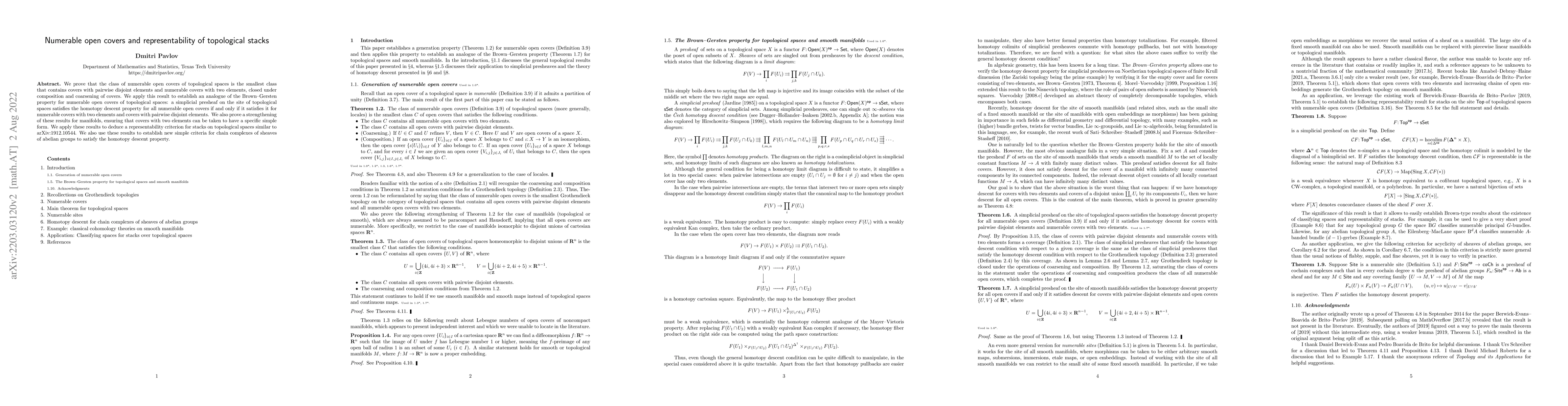 Thumbnail for Numerable open covers and representability of topological stacks