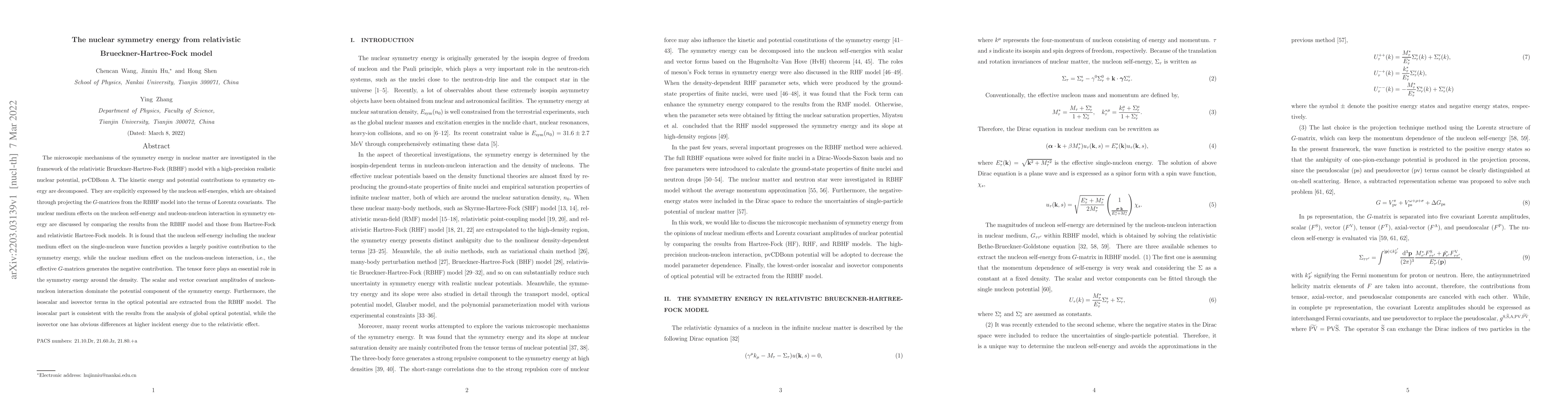 Thumbnail for The nuclear symmetry energy from relativistic Brueckner-Hartree-Fock
  model