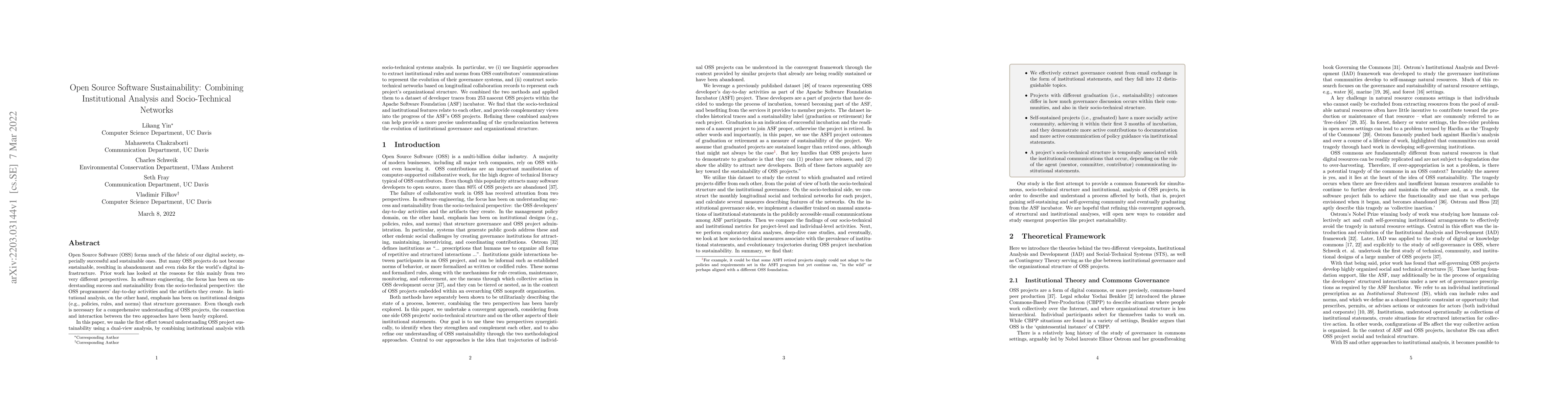 Thumbnail for Open Source Software Sustainability: Combining Institutional Analysis
  and Socio-Technical Networks