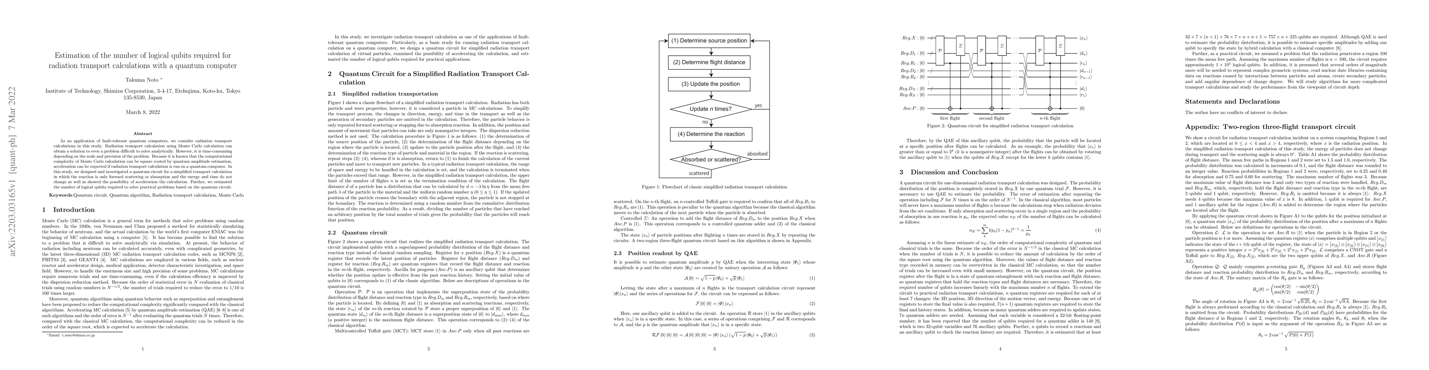 Thumbnail for Estimation of the number of logical qubits required for radiation
  transport calculations with a quantum computer
