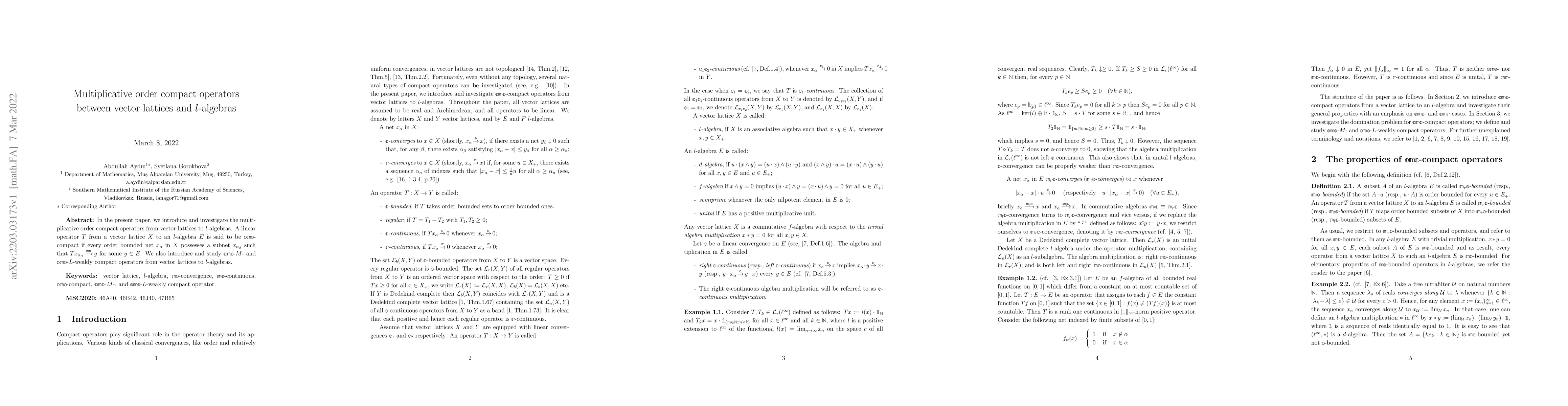 Thumbnail for Multiplicative order compact operators between vector lattices and
  $l$-algebras