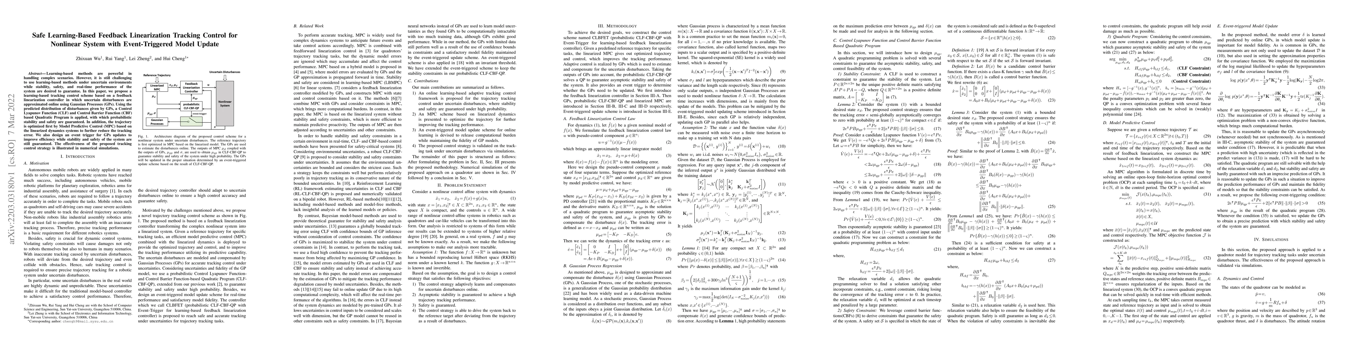 Thumbnail for Safe Learning-Based Feedback Linearization Tracking Control for
  Nonlinear System with Event-Triggered Model Update