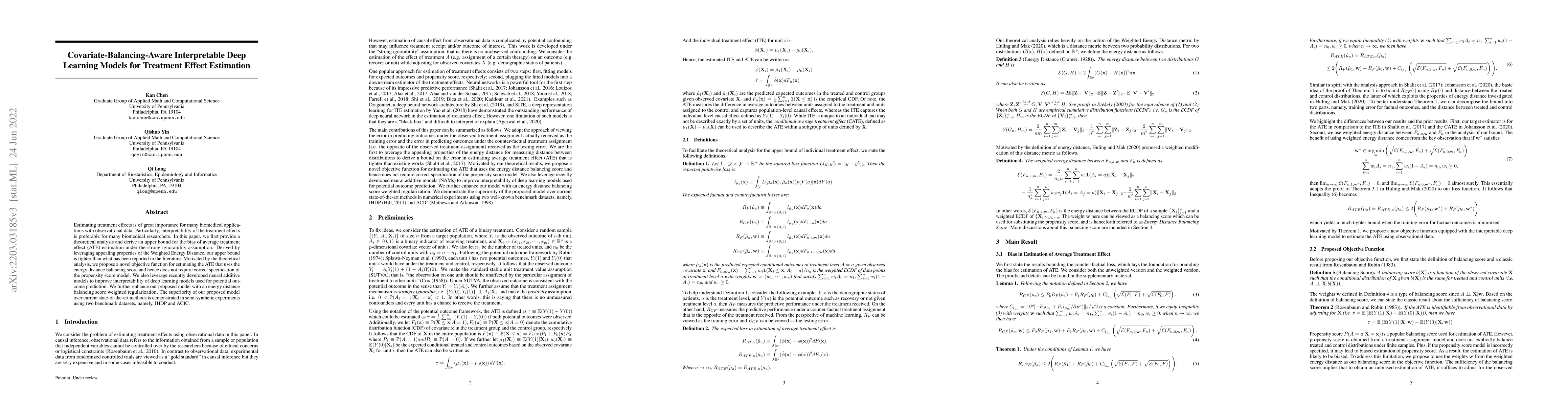 Thumbnail for Covariate-Balancing-Aware Interpretable Deep Learning models for
  Treatment Effect Estimation