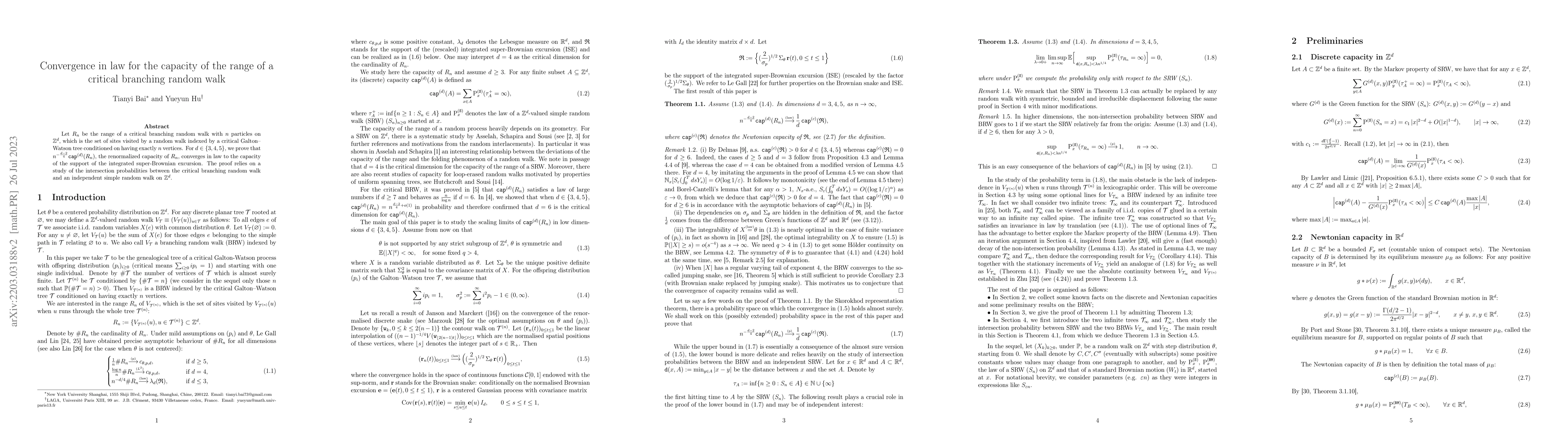 Thumbnail for Convergence in law for the capacity of the range of a critical branching
  random walk