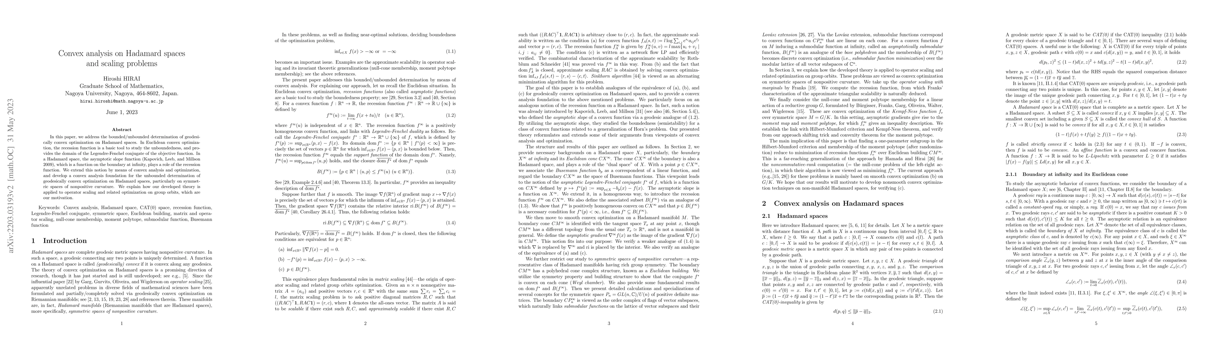 Thumbnail for Convex analysis on Hadamard spaces and scaling problems