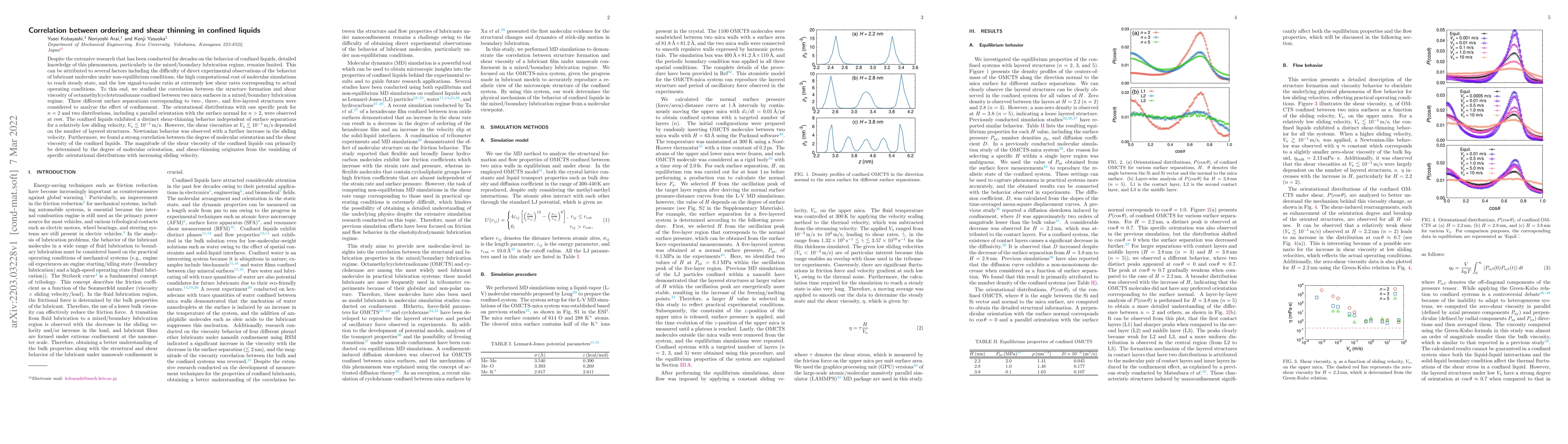 Thumbnail for Correlation between ordering and shear thinning in confined liquids