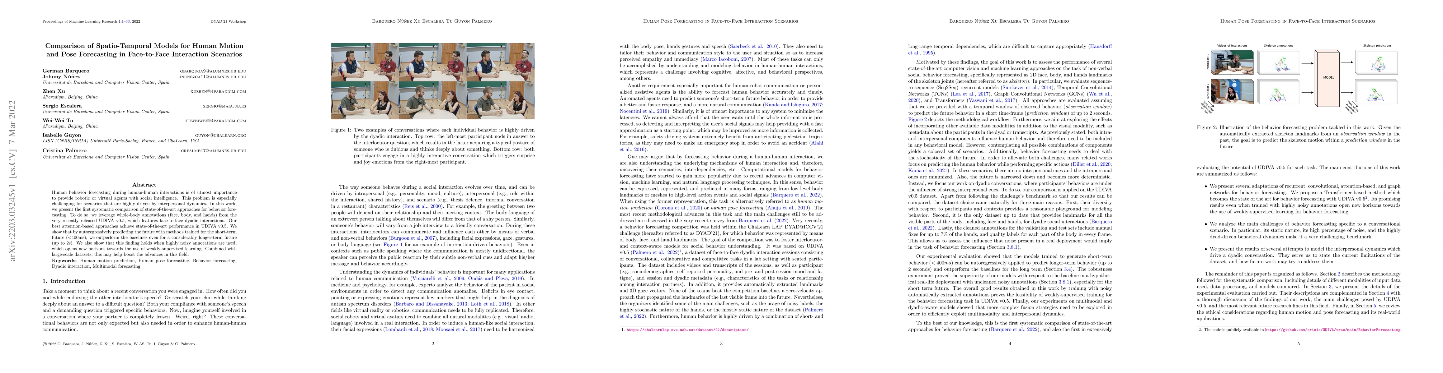 Thumbnail for Comparison of Spatio-Temporal Models for Human Motion and Pose
  Forecasting in Face-to-Face Interaction Scenarios