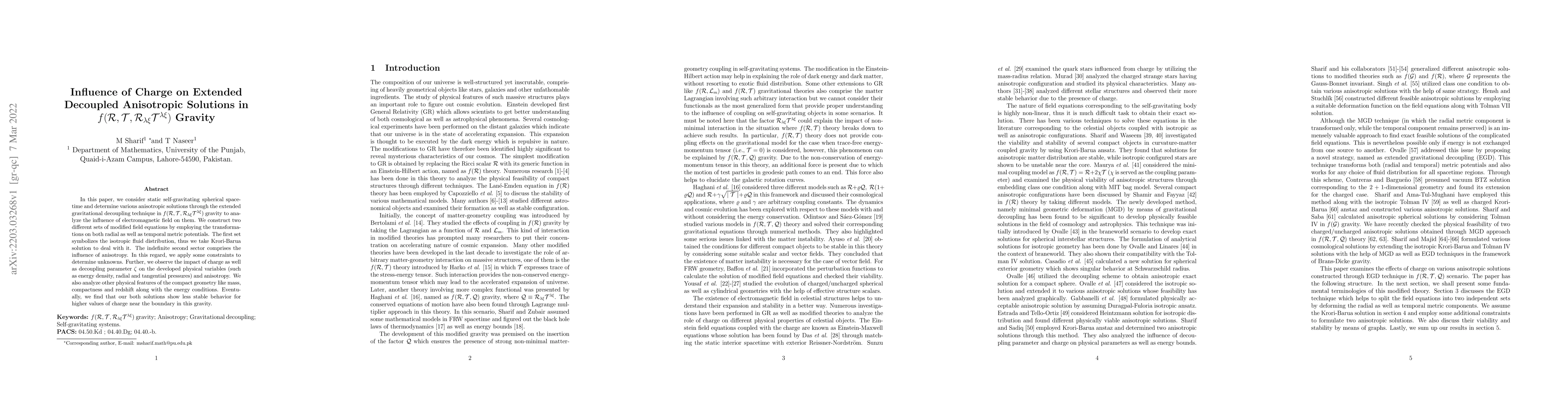 Thumbnail for Influence of Charge on Extended Decoupled Anisotropic Solutions in
  $f(\mathcal{R},\mathcal{T},\mathcal{R}_{\lambda\xi}\mathcal{T}^{\lambda\xi})$
  Gravity