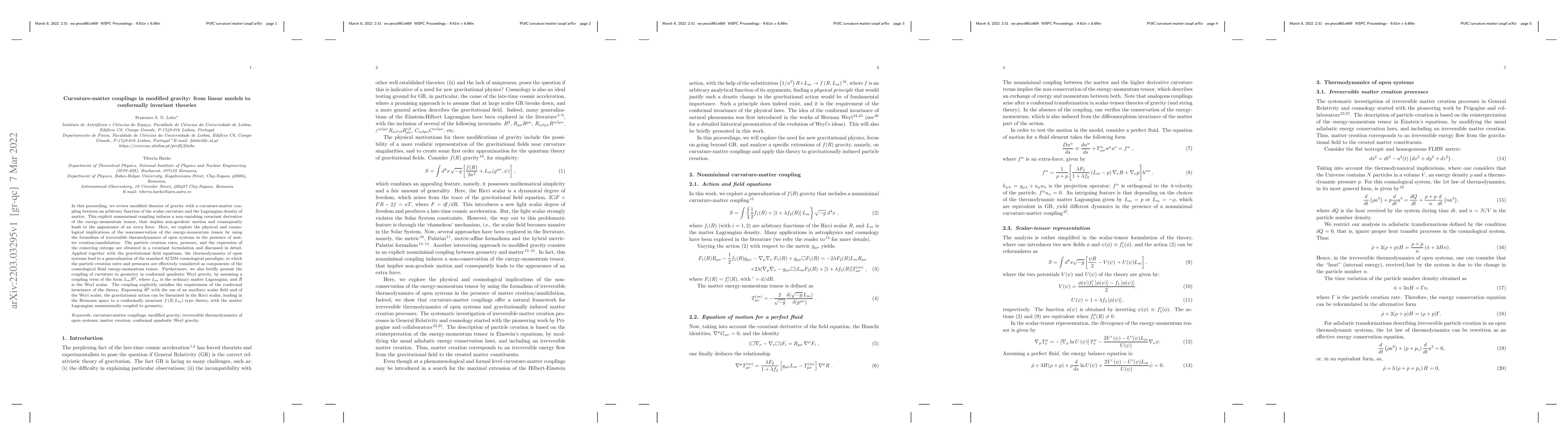 Thumbnail for Curvature-matter couplings in modified gravity: from linear models to
  conformally invariant theories