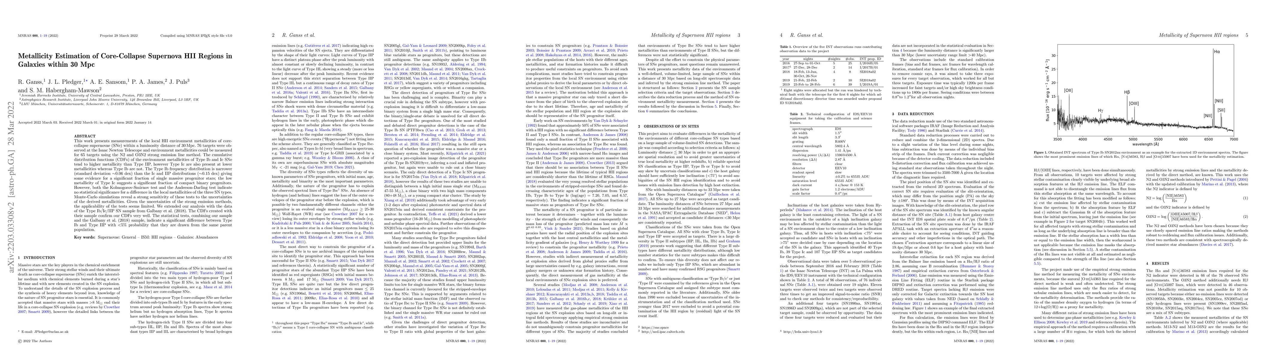 Thumbnail for Metallicity Estimation of Core-Collapse Supernova HII Regions in
  Galaxies within 30 Mpc