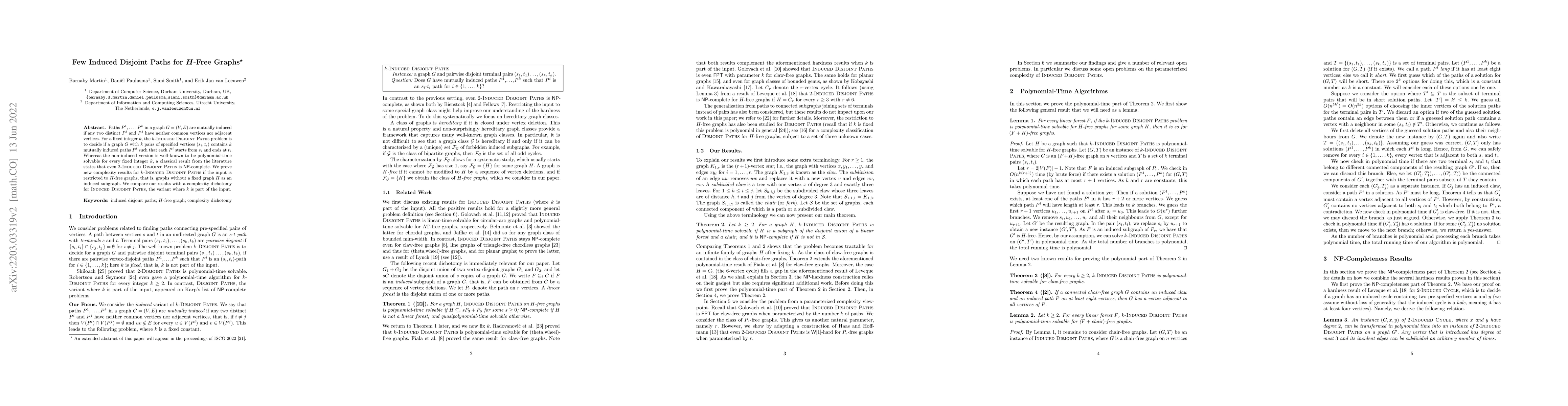 Thumbnail for Few Induced Disjoint Paths for $H$-Free Graphs