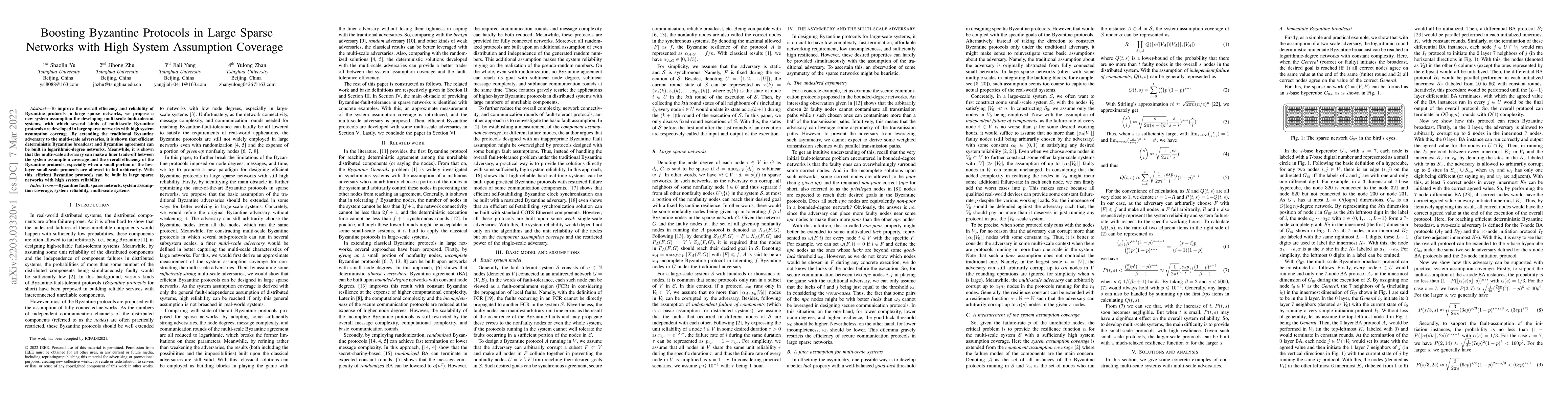 Thumbnail for Boosting Byzantine Protocols in Large Sparse Networks with High System
  Assumption Coverage
