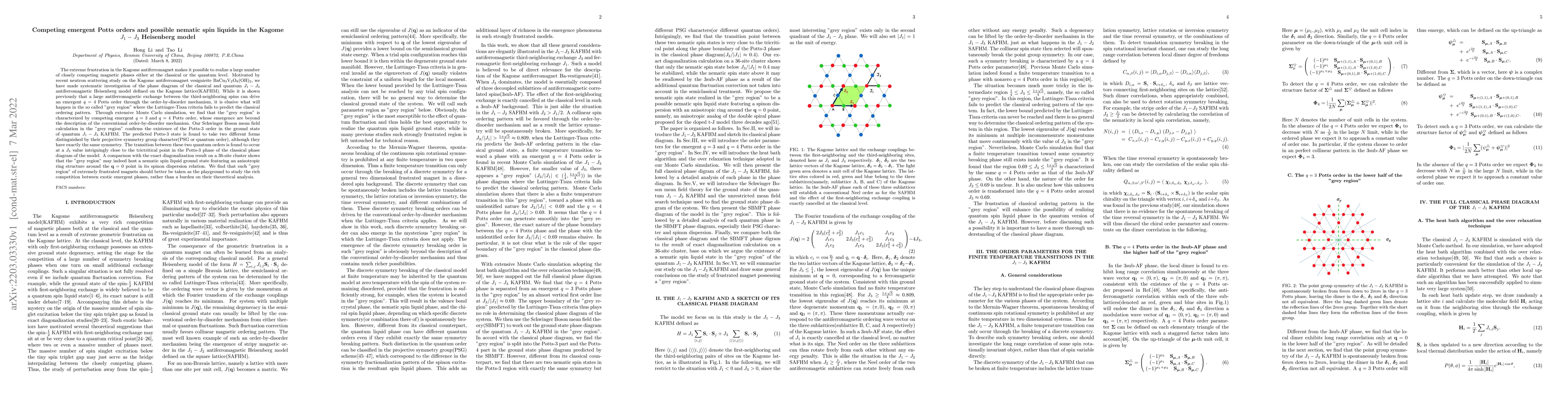 Thumbnail for Competing emergent Potts orders and possible nematic spin liquids in the
  Kagome $J_{1}-J_{3}$ Heisenberg model