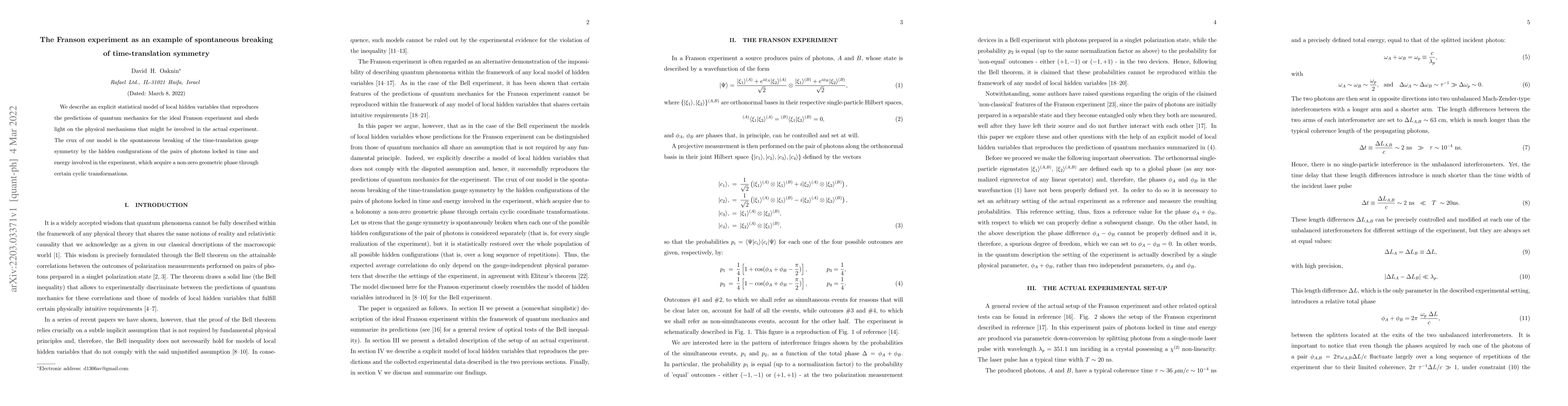 Thumbnail for The Franson experiment as an example of spontaneous breaking of
  time-translation symmetry