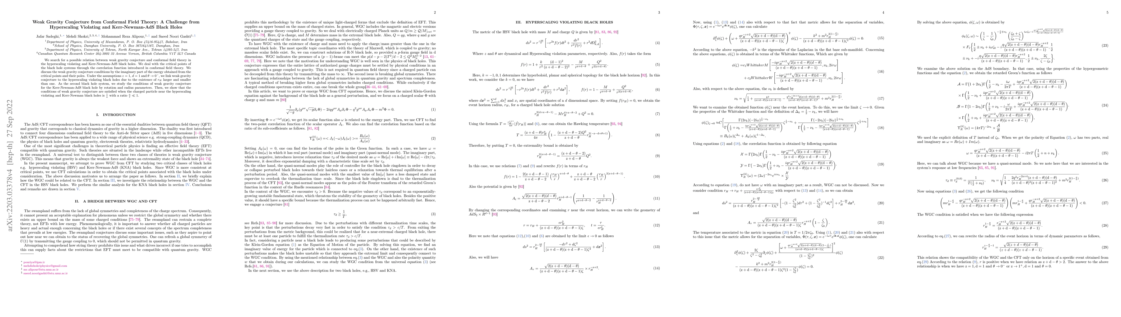 Thumbnail for Weak Gravity Conjecture from Conformal Field Theory: A Challenge from
  Hyperscaling Violating and Kerr-Newman-AdS Black Holes