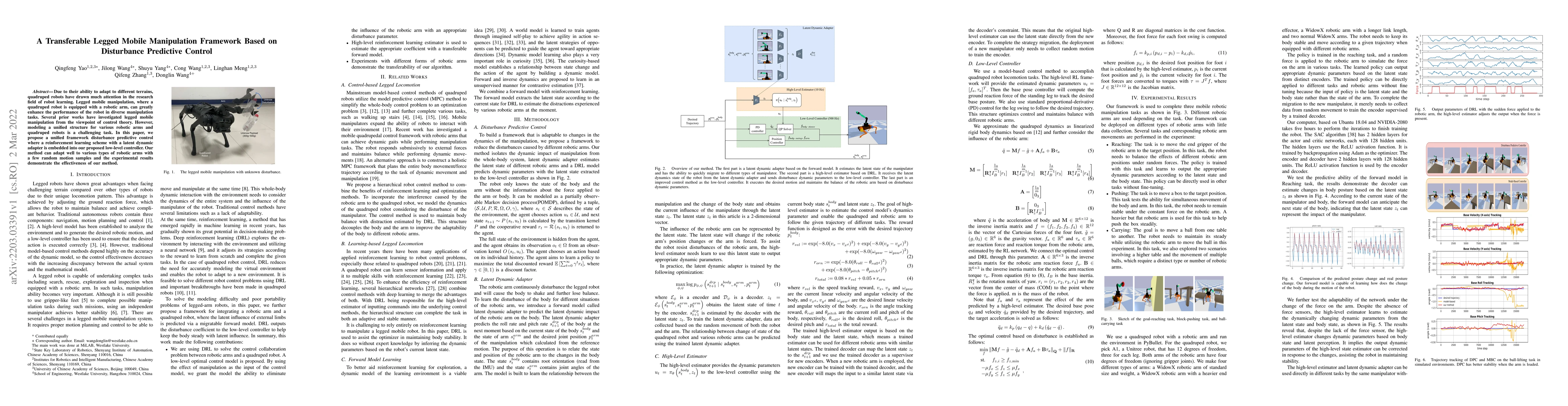 Thumbnail for A Transferable Legged Mobile Manipulation Framework Based on Disturbance
  Predictive Control