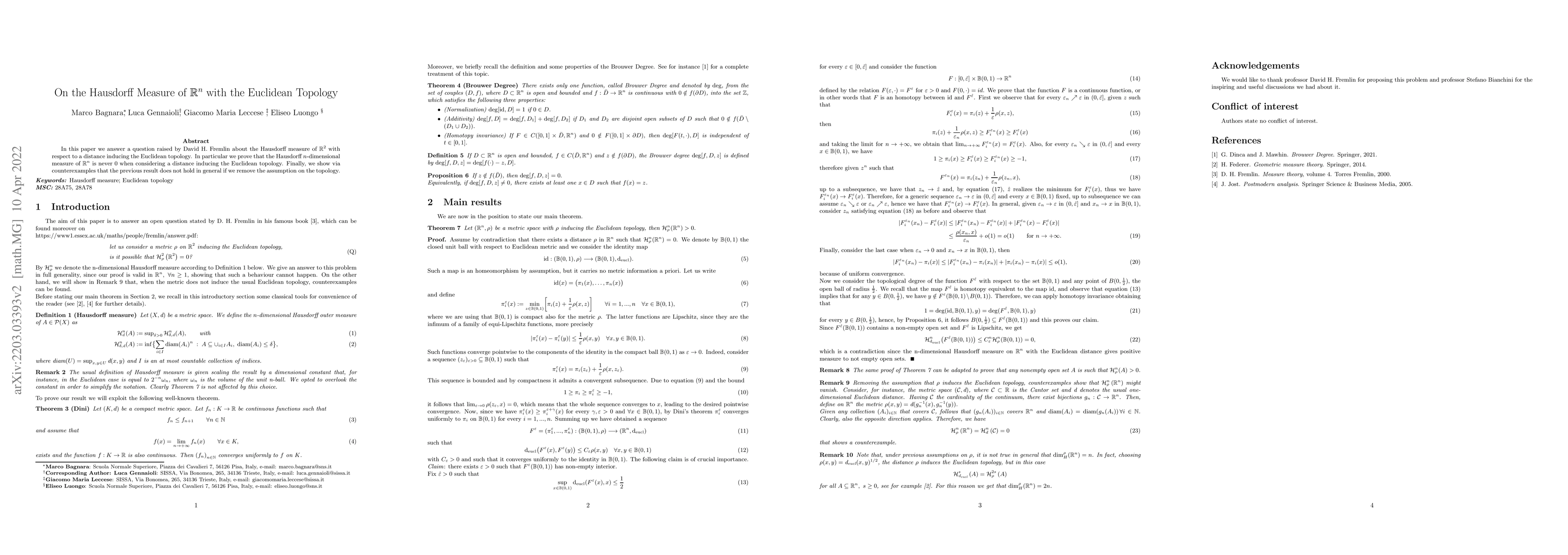 Thumbnail for On the Hausdorff Measure of $\R^n$ with the Euclidean Topology