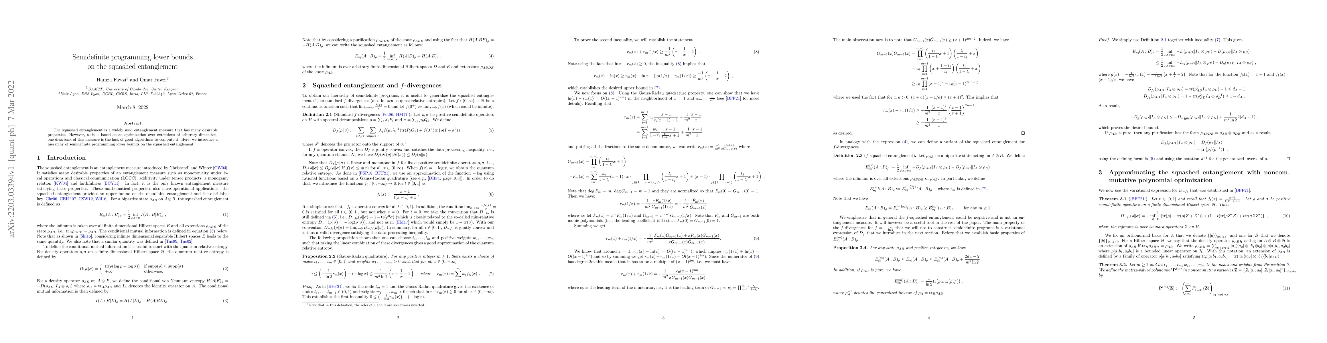 Thumbnail for Semidefinite programming lower bounds on the squashed entanglement