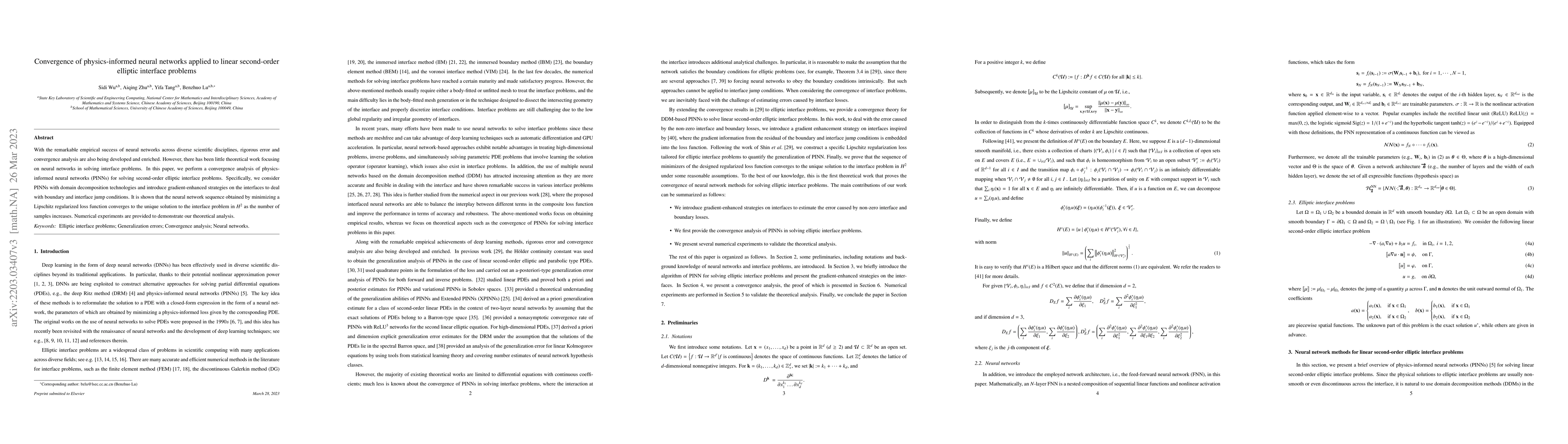 Thumbnail for Convergence of physics-informed neural networks applied to linear
  second-order elliptic interface problems