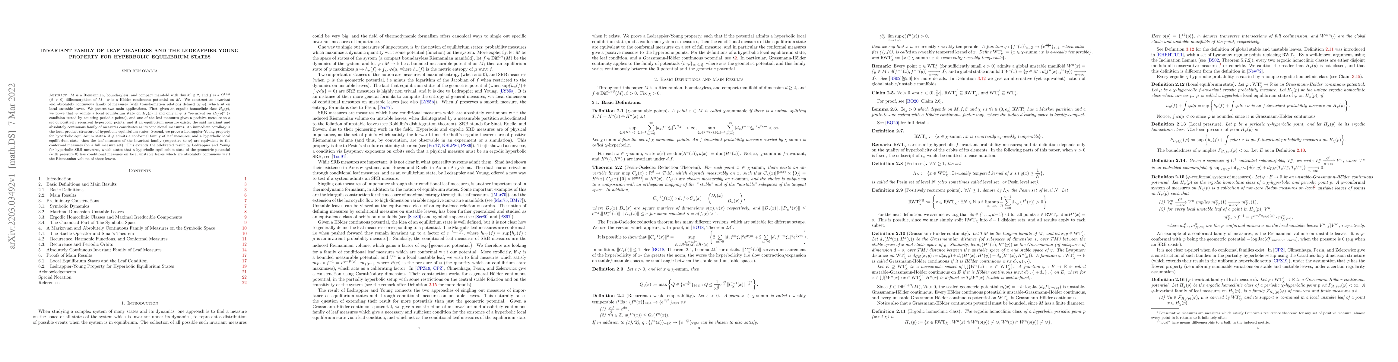 Thumbnail for Invariant Family of Leaf measures and The Ledrappier-Young Property for
  Hyperbolic Equilibrium States