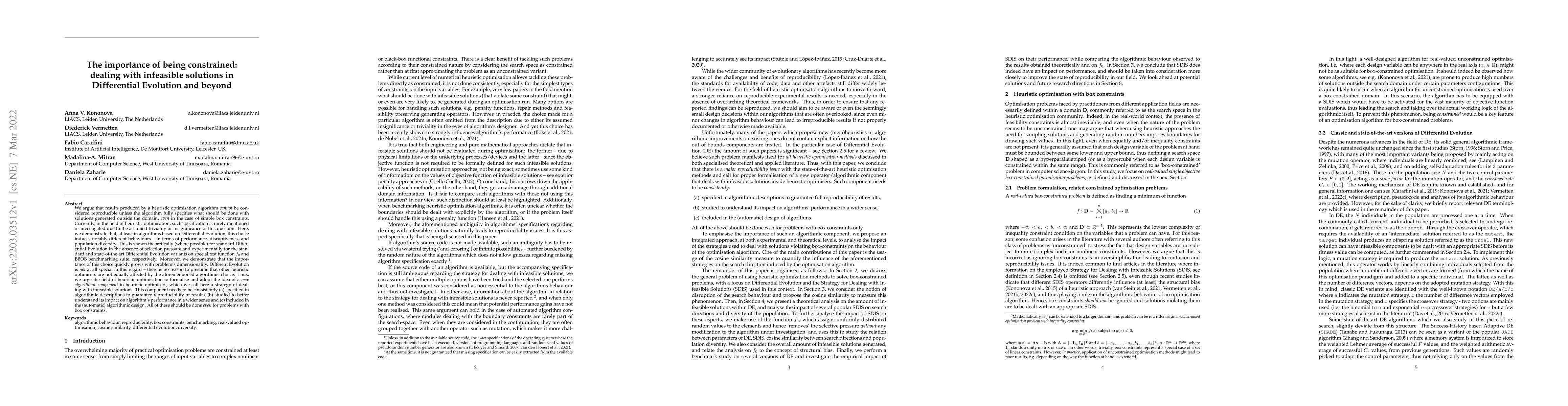 Thumbnail for The importance of being constrained: dealing with infeasible solutions
  in Differential Evolution and beyond