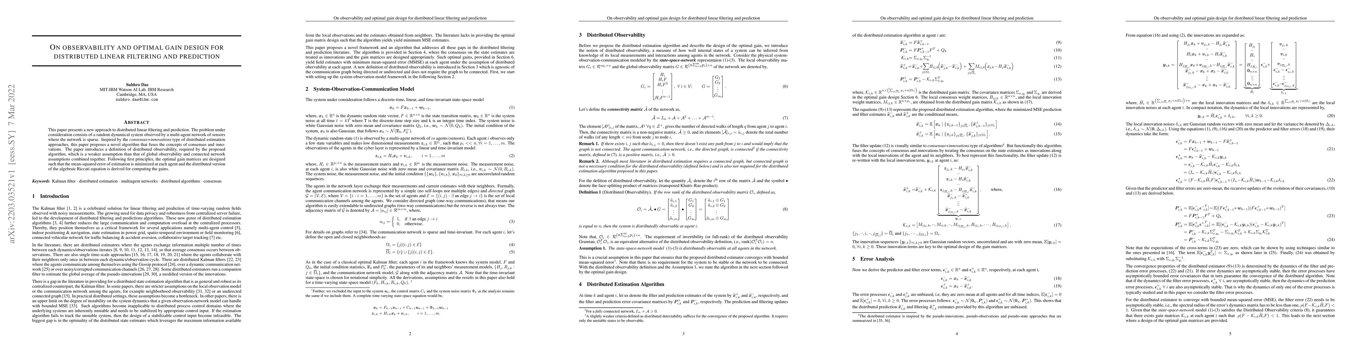 Thumbnail for On observability and optimal gain design for distributed linear
  filtering and prediction