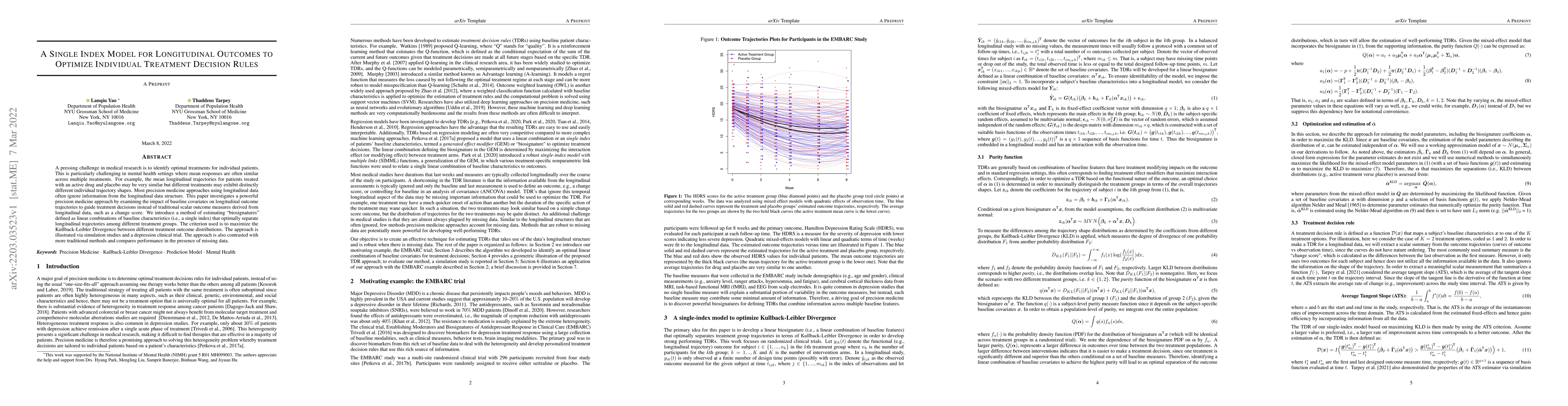 Thumbnail for A Single Index Model for Longitudinal Outcomes to Optimize Individual
  Treatment Decision Rules