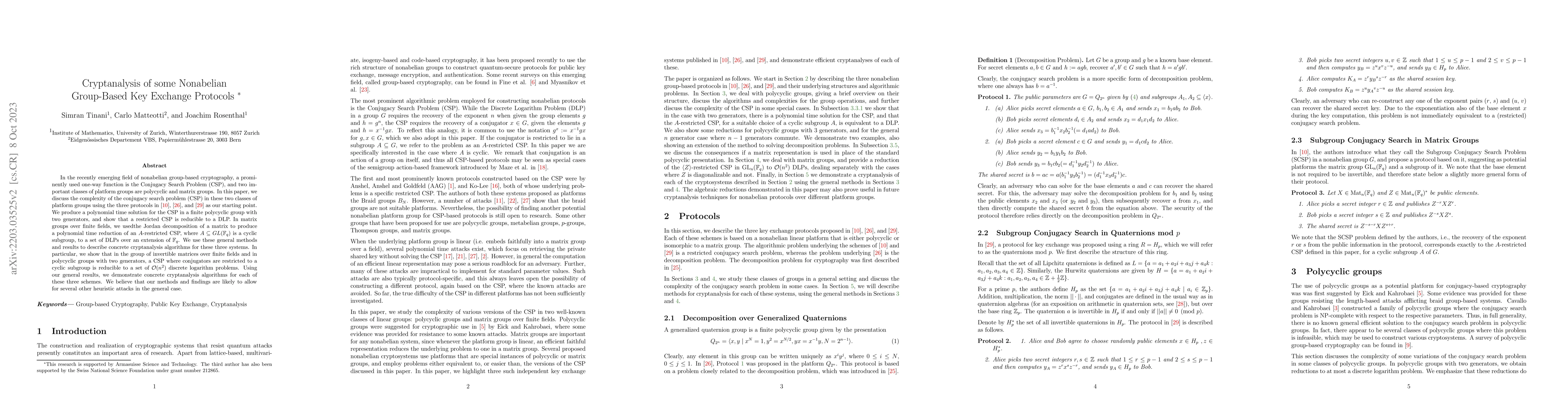 Thumbnail for Cryptanalysis of some Nonabelian Group-Based Key Exchange Protocols