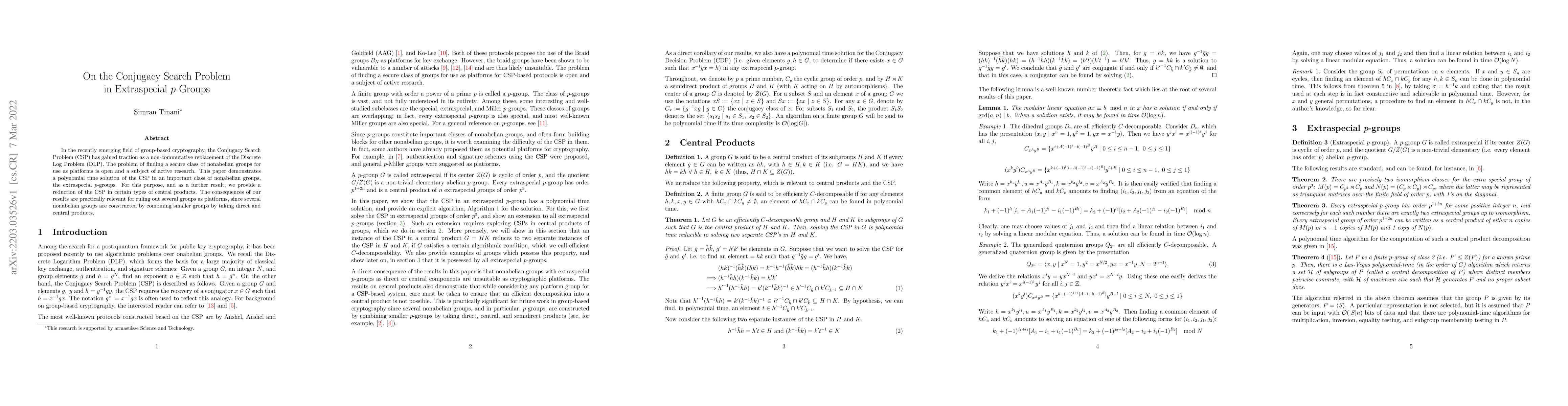 Thumbnail for On the Conjugacy Search Problem in Extraspecial $p$-Groups