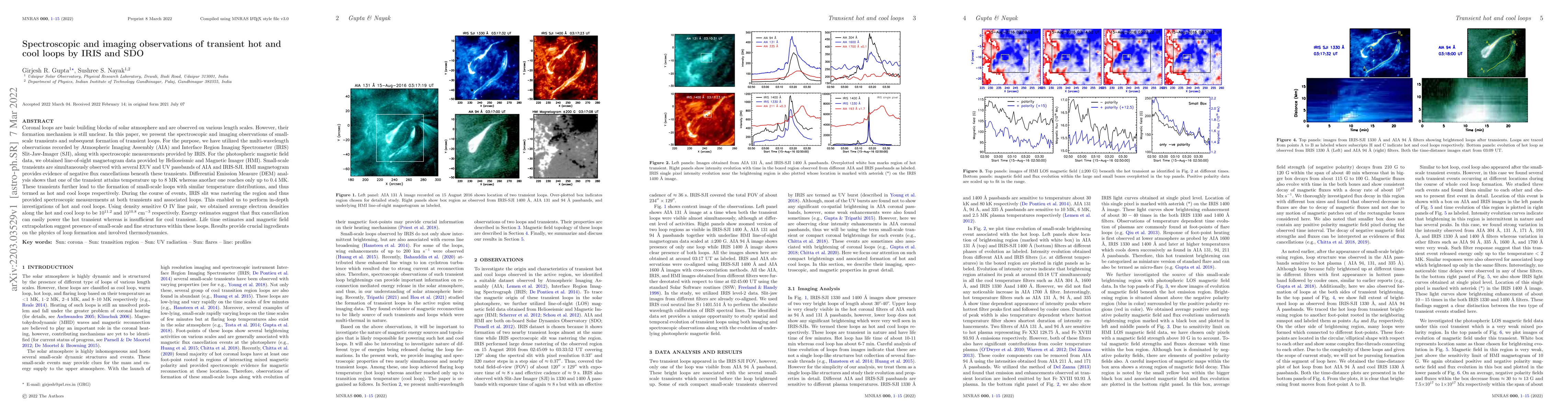 Thumbnail for Spectroscopic and imaging observations of transient hot and cool loops
  by IRIS and SDO