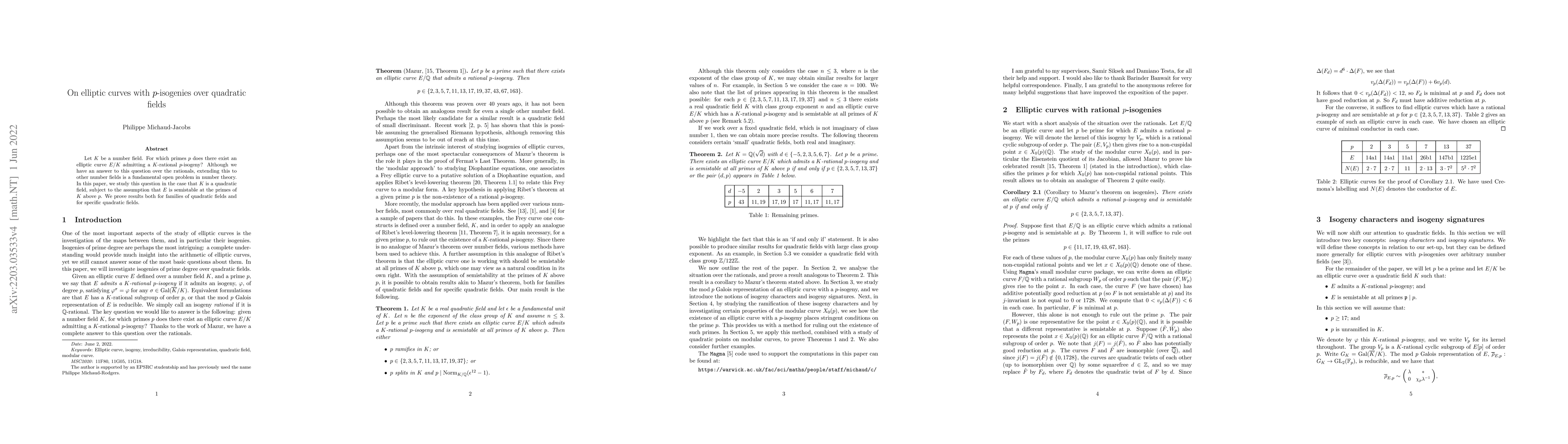 Thumbnail for On elliptic curves with $p$-isogenies over quadratic fields
