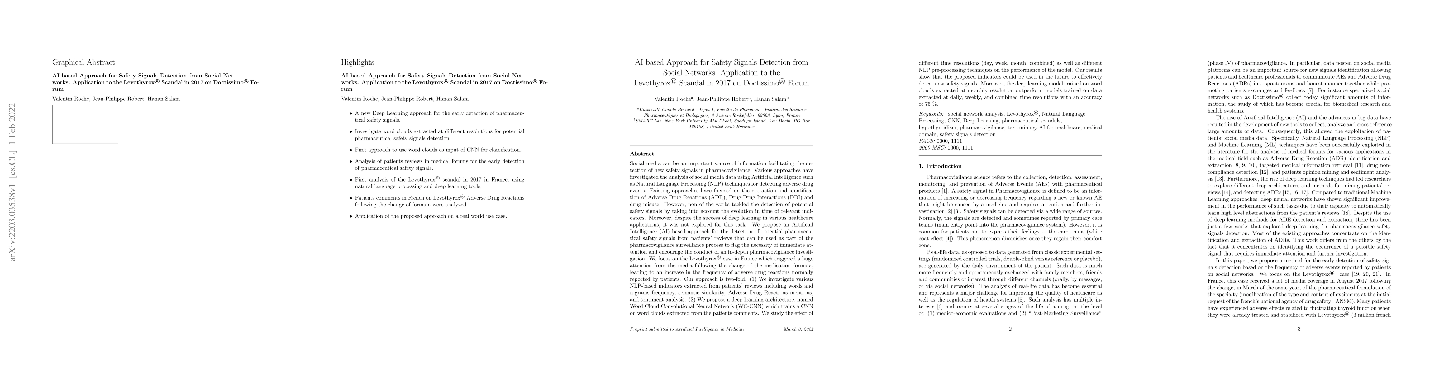 Thumbnail for AI-based Approach for Safety Signals Detection from Social Networks:
  Application to the Levothyrox Scandal in 2017 on Doctissimo Forum