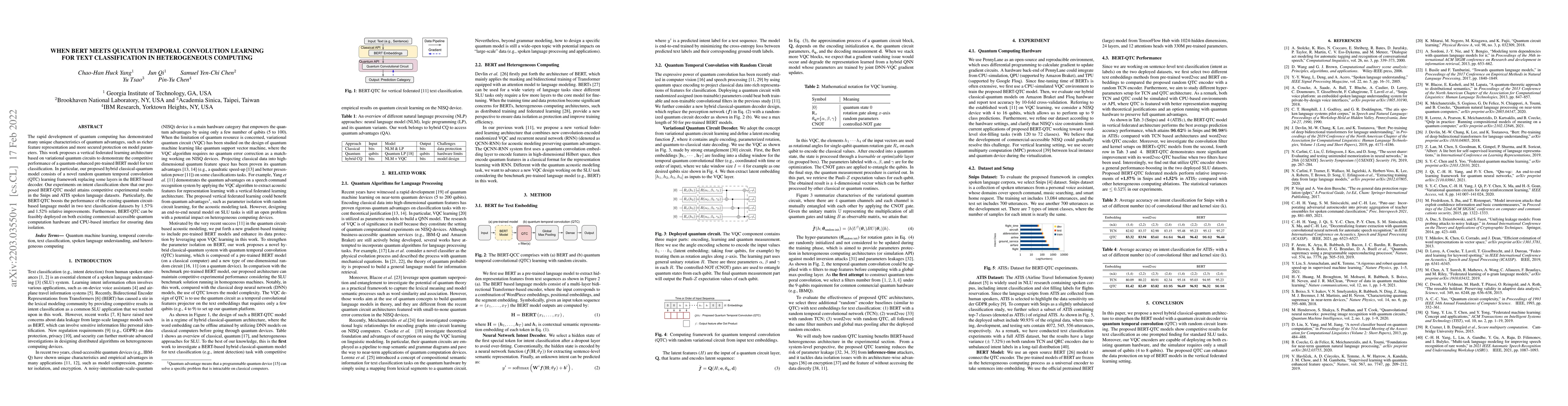 Thumbnail for When BERT Meets Quantum Temporal Convolution Learning for Text
  Classification in Heterogeneous Computing